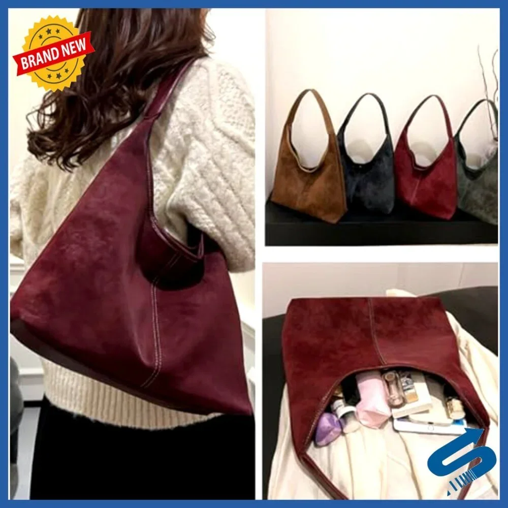 Large Suede Hobo Shoulder Bag Tote with Contrast Stitching